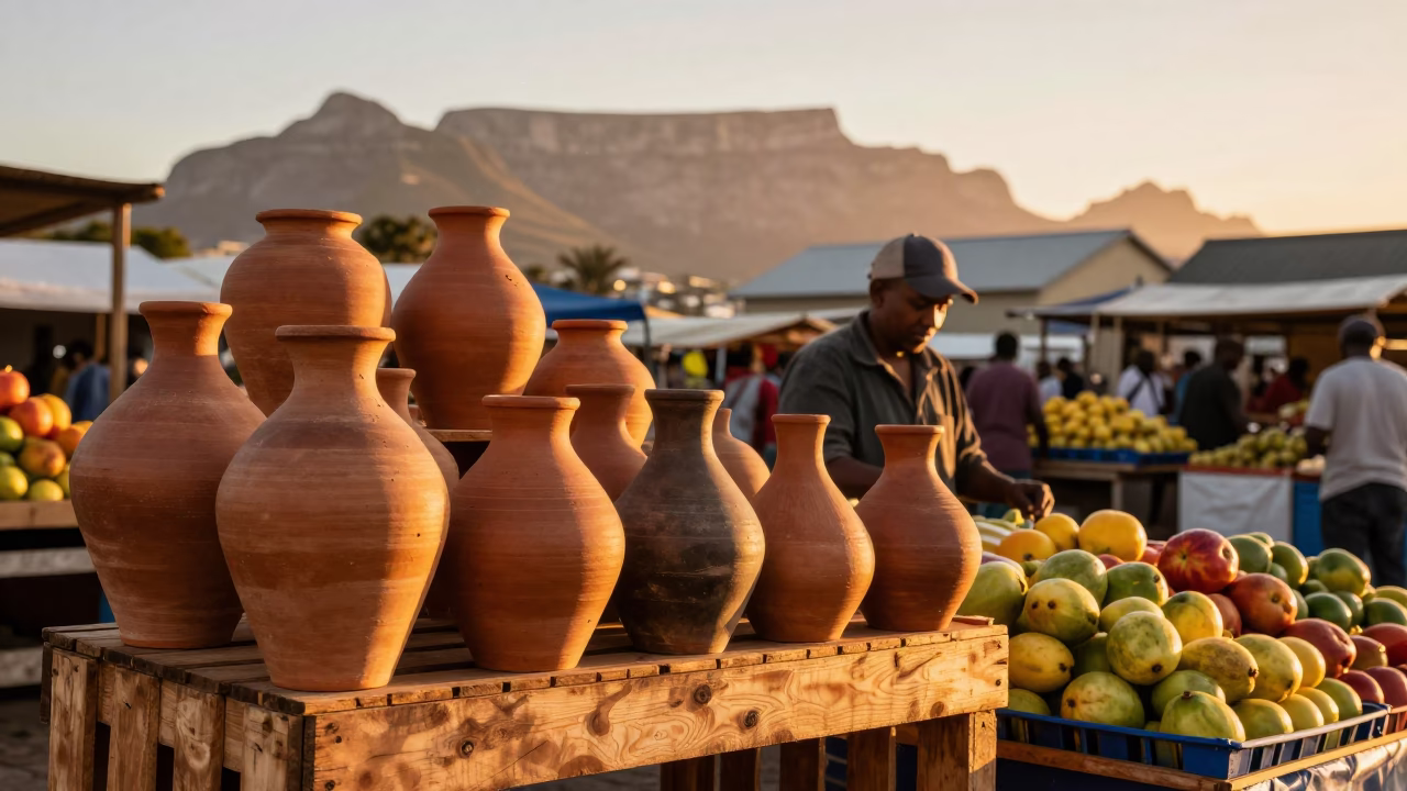 Cape Town Sunset Market Scene with Clay Pots and Local Produce in in Cape Town, South Africa