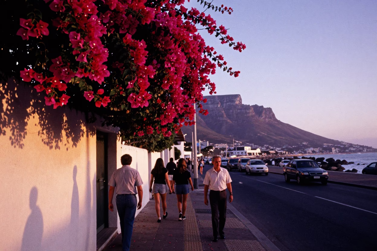Cape Town Sunset Street Scene with Bougainvillea and Breakwater View in in Cape Town, South Africa