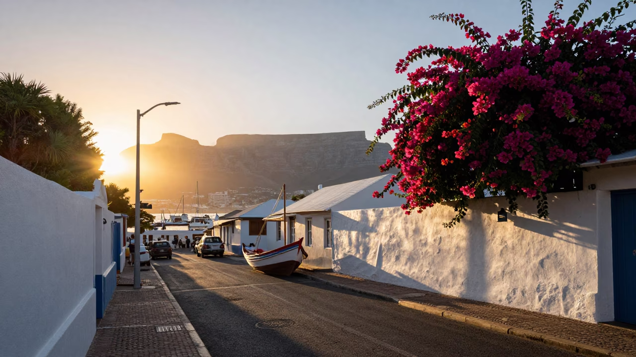 Cape Town Sunset Street Scene with Bougainvillea and Traditional Dhow Silhouette in in Cape Town, South Africa