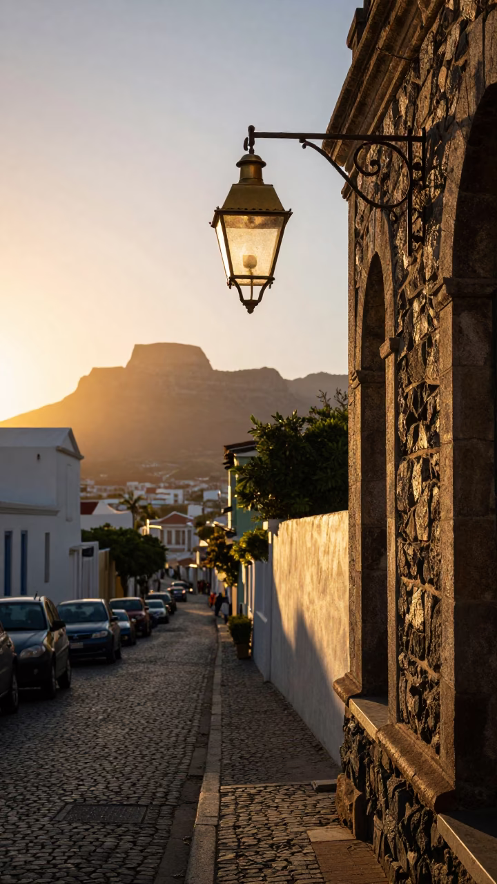 Cape Town Sunset Street Scene with Brass Lantern and Local Vendor in in Cape Town, South Africa