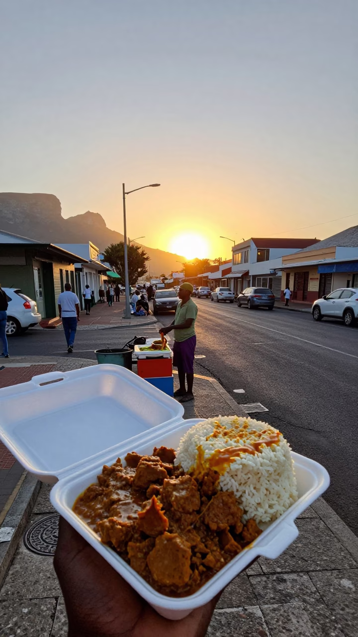 Cape Town Sunset Street Scene with Bunny Chow Curry and Terracotta Pot in in Cape Town, South Africa