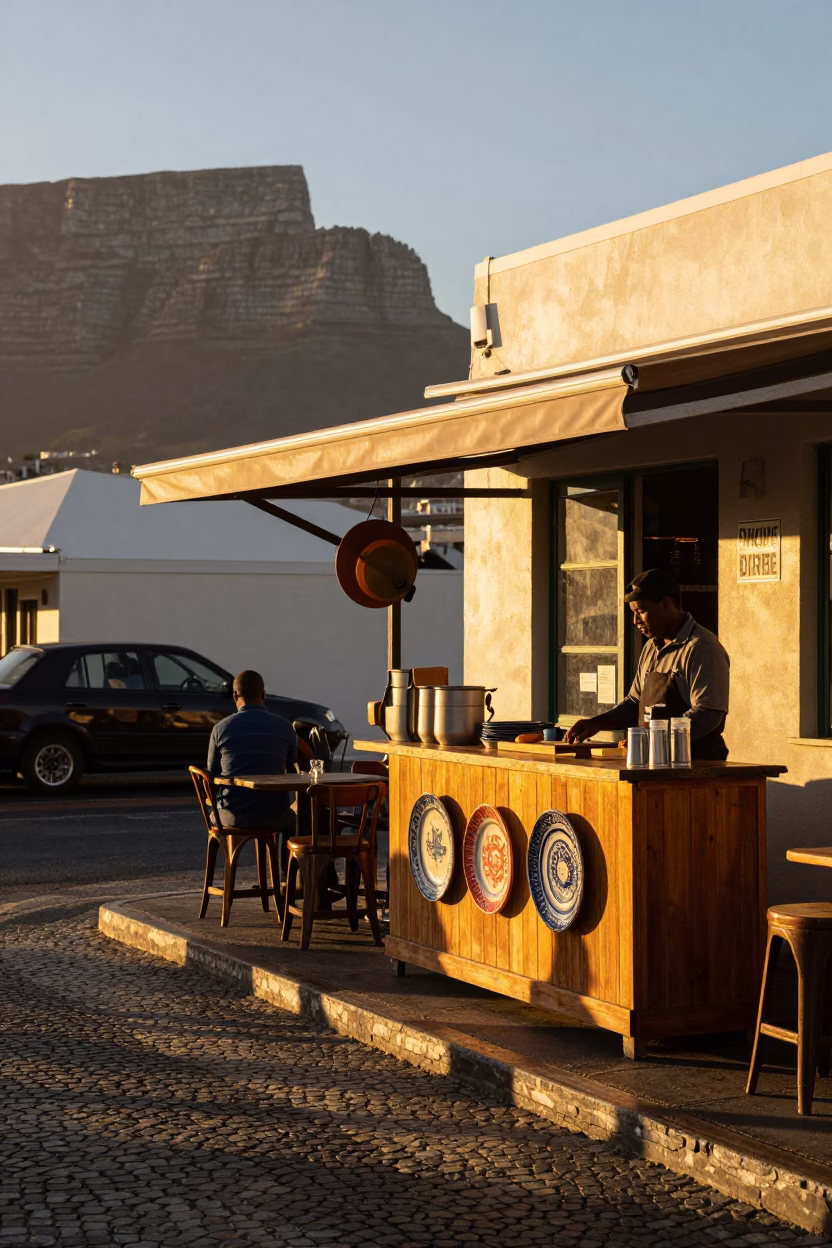 Cape Town Sunset Street Scene with Ceramic Plate and Kitchen Utensil at Table in in Cape Town, South Africa