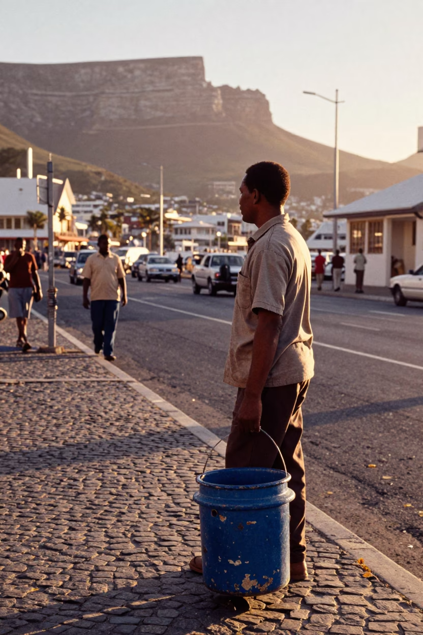 Cape Town Sunset Street Scene with Chipped Blue Enamel Bucket and Salt Spoon in in Cape Town, South Africa