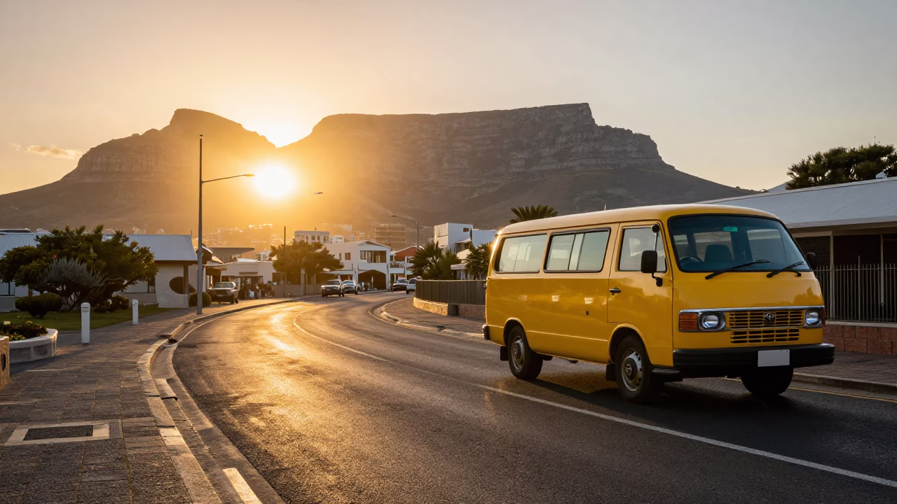 Cape Town Sunset Street Scene with Classic Minibus Taxi and Table Mountain in in Cape Town, South Africa