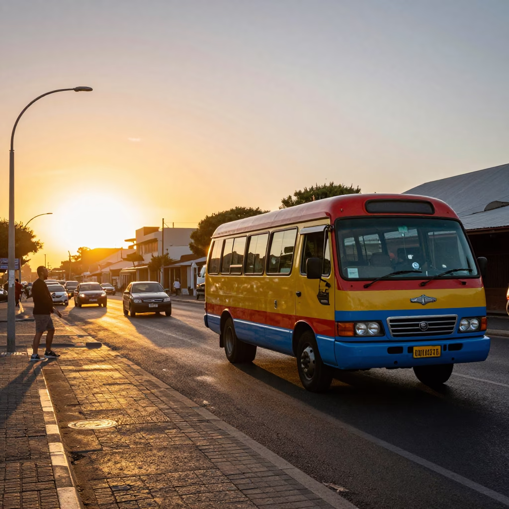 Cape Town Sunset Street Scene with Colorful Minibus Taxi and Table Mountain Background in in Cape Town, South Africa
