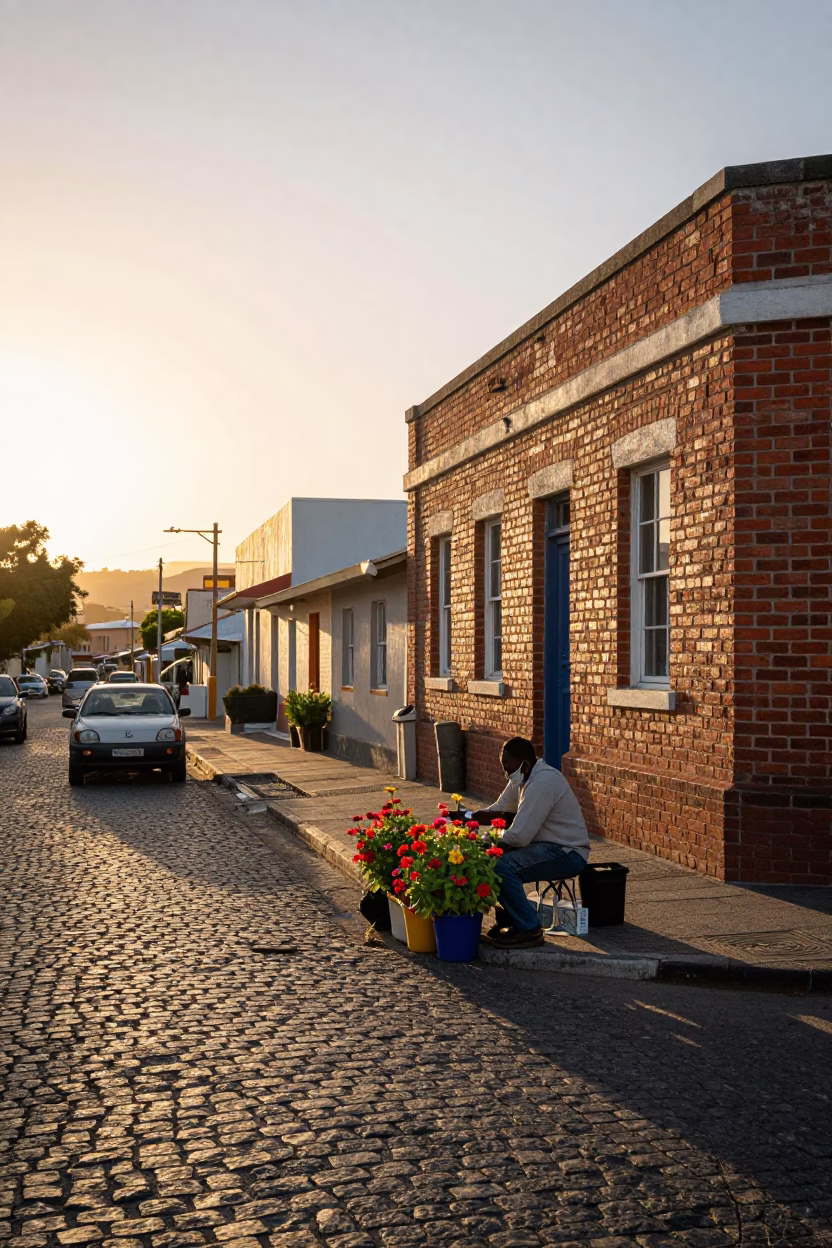 Cape Town Sunset Street Scene with Colorful Zinnias and Local Market Activity in in Cape Town, South Africa