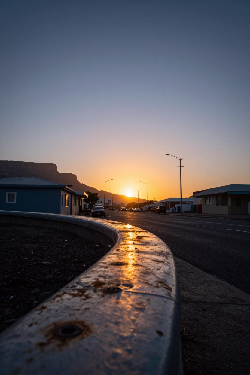 Cape Town Sunset Street Scene with Dented Metal Rim and Open Window in in Cape Town, South Africa