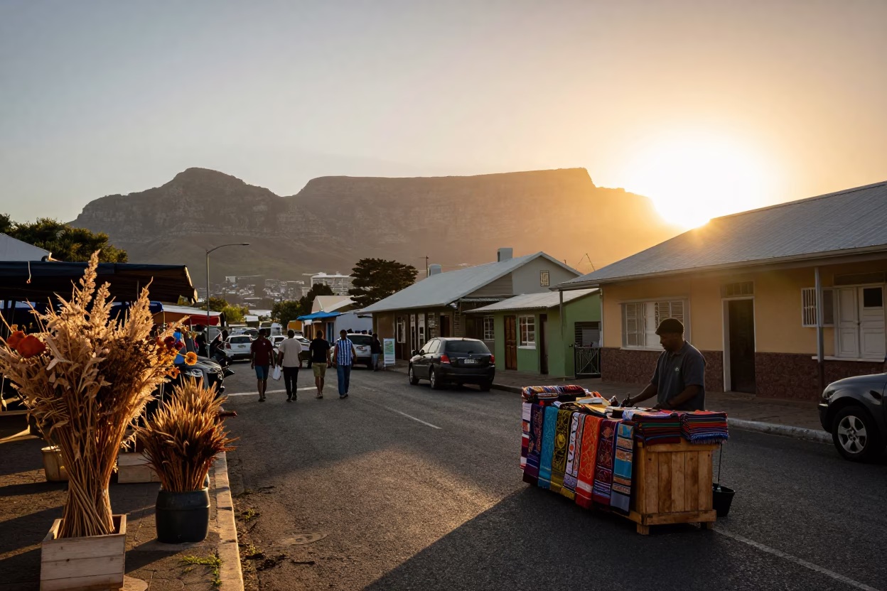 Cape Town Sunset Street Scene with Dried Flowers and Local Vendor in in Cape Town, South Africa