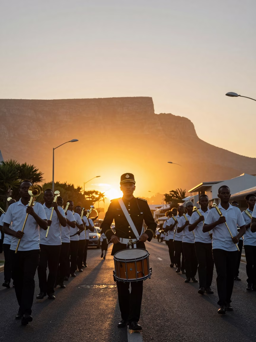Cape Town Sunset Street Scene with Drum Major Leading Marching Band and Colorful Crowd in in Cape Town, South Africa
