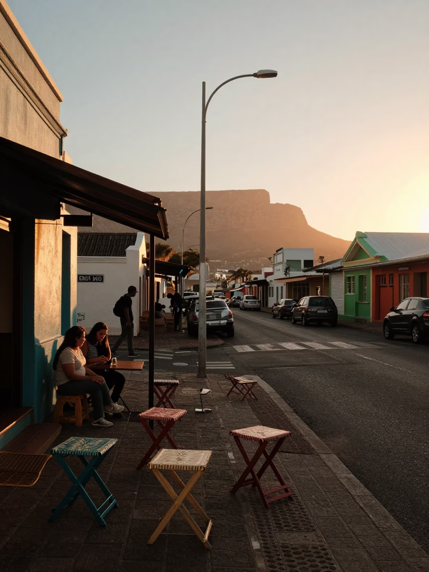 Cape Town Sunset Street Scene with Folding Stools and Colorful Towels in in Cape Town, South Africa