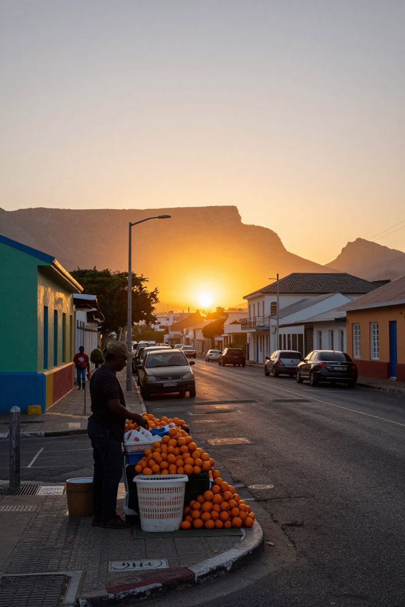 Cape Town Sunset Street Scene with Fresh Oranges and Colorful Market Goods in in Cape Town, South Africa