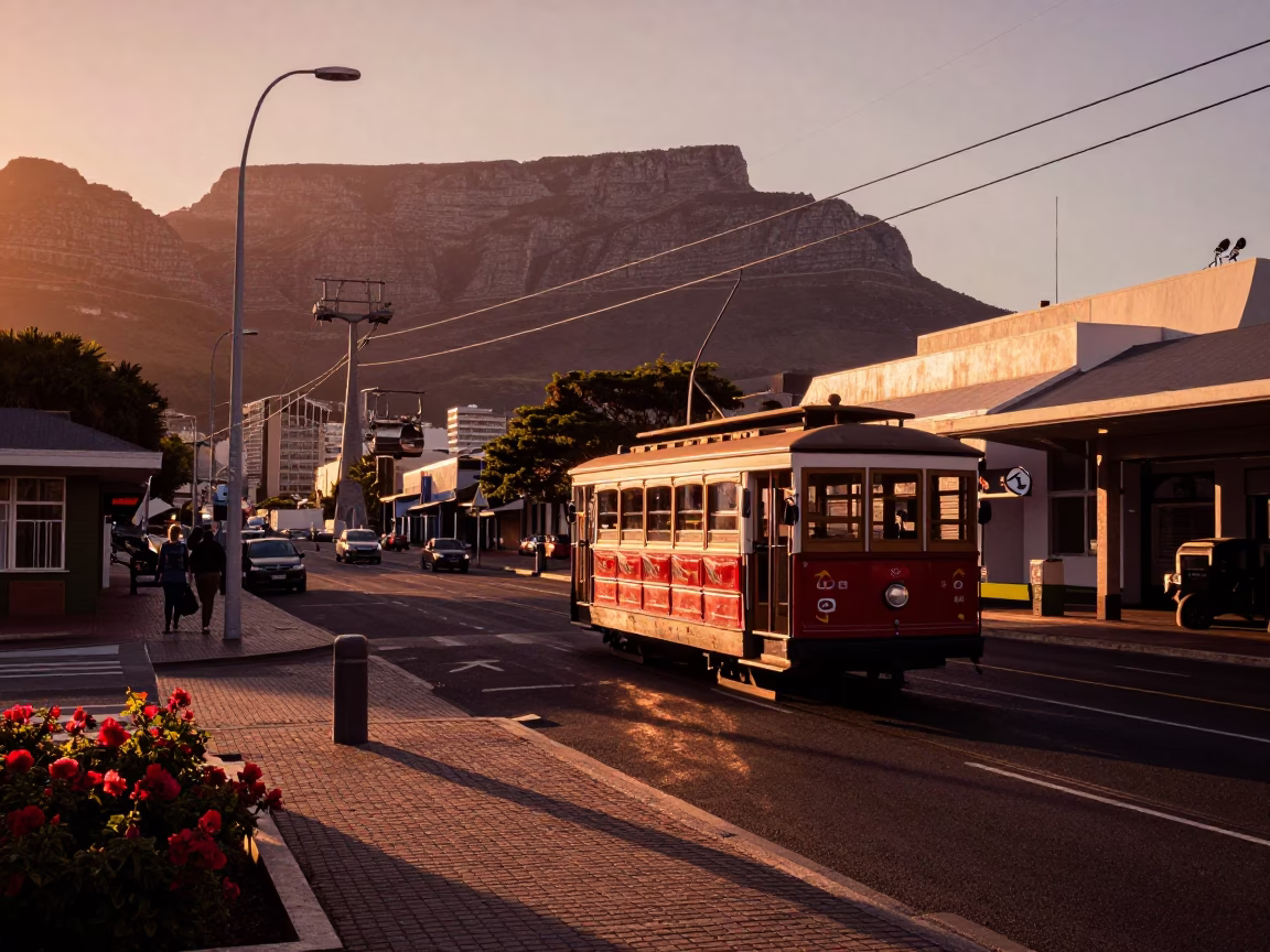 Cape Town Sunset Street Scene with Gondola Lift and Flower Market Atmosphere in in Cape Town, South Africa