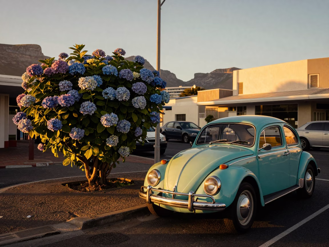 Cape Town Sunset Street Scene with Hydrangea Bush and Vintage Car in in Cape Town, South Africa