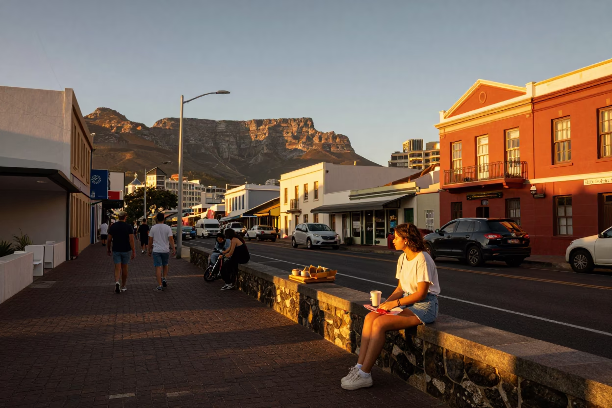 Cape Town Sunset Street Scene with Local Food and Casual Interactions in in Cape Town, South Africa