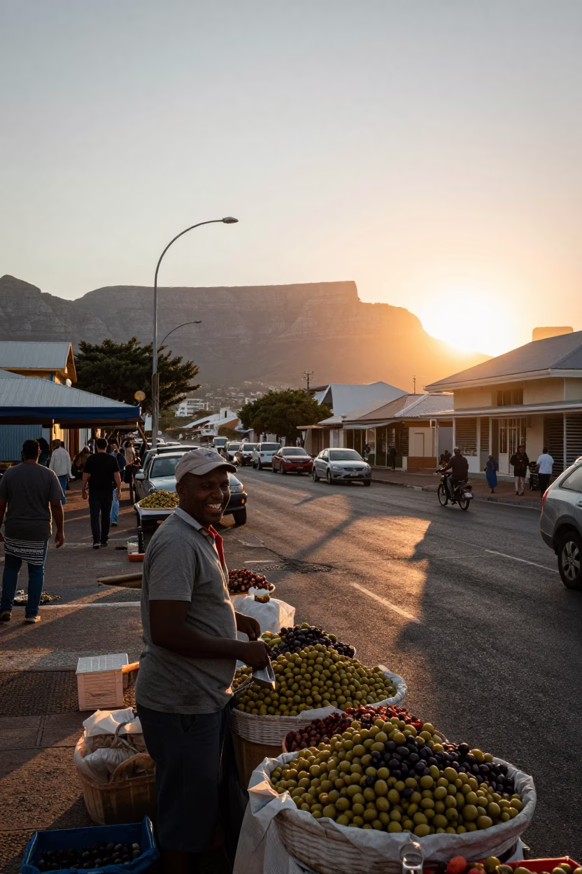 Cape Town Sunset Street Scene with Local Market Goods and Turnbuckle Details in in Cape Town, South Africa