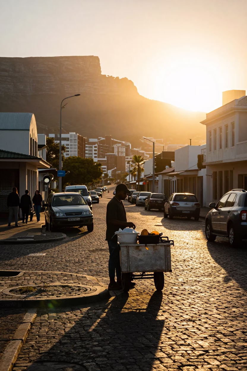 Cape Town Sunset Street Scene with Local Vendor and Urban Details in in Cape Town, South Africa