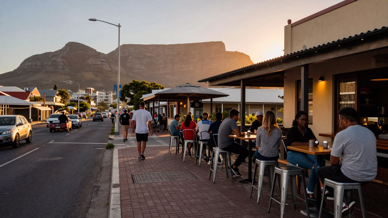 Cape Town Sunset Street Scene with Metal Stools and Local Life in in Cape Town, South Africa