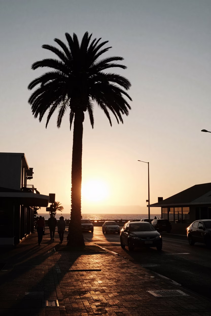 Cape Town Sunset Street Scene with Palm Tree Silhouette and Vintage Cars in in Cape Town, South Africa