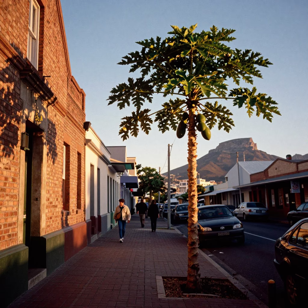 Cape Town Sunset Street Scene with Papaya Tree and Heritage Train in in Cape Town, South Africa