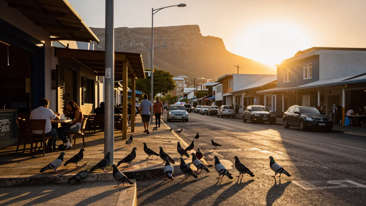 Cape Town Sunset Street Scene with Pigeons and Local Dining Culture in in Cape Town, South Africa