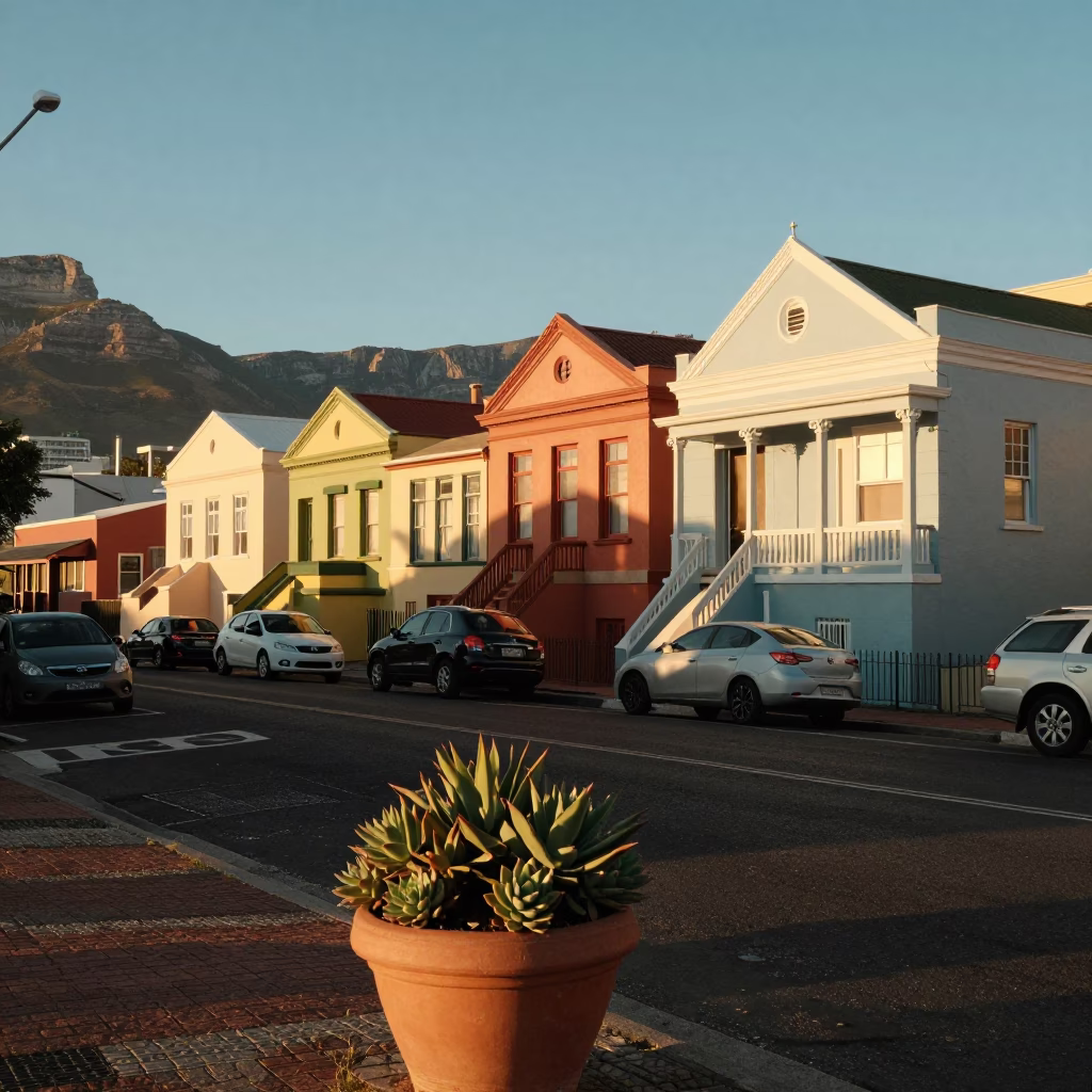 Cape Town Sunset Street Scene with Potted Succulents and Local Daily Life in in Cape Town, South Africa