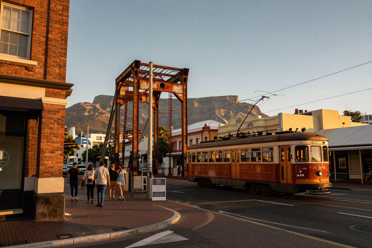 Cape Town Sunset Street Scene with Rusted Drawbridge and Tram at Dusk in in Cape Town, South Africa