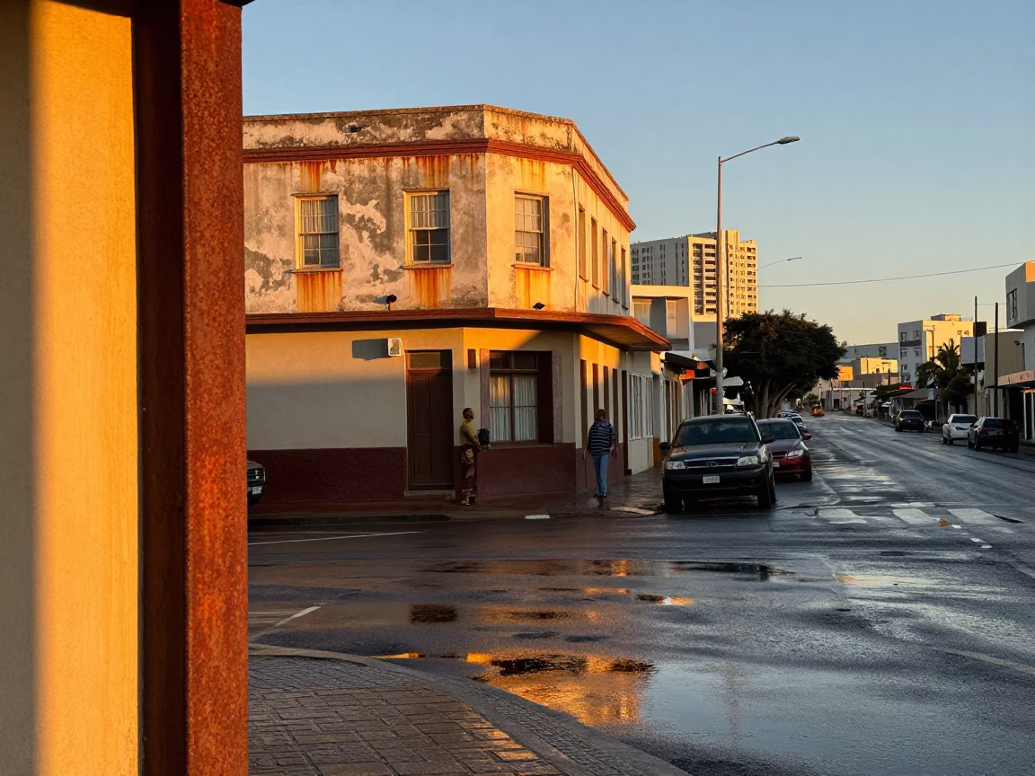 Cape Town Sunset Street Scene with Rusty Doorframe and Wet Pavement Reflections in in Cape Town, South Africa