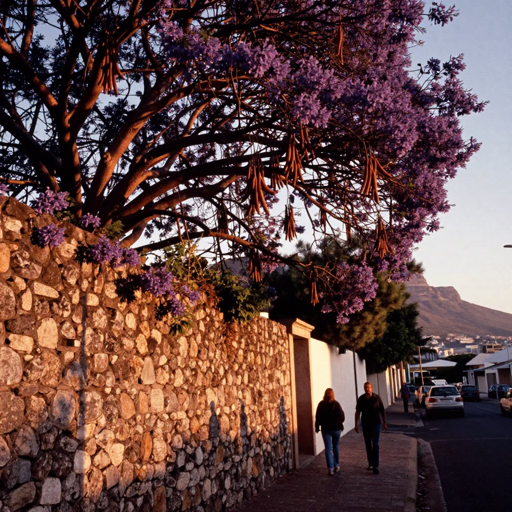 Cape Town Sunset Street Scene with Tamarind Tree and Stone Wall in Copper Light in in Cape Town, South Africa