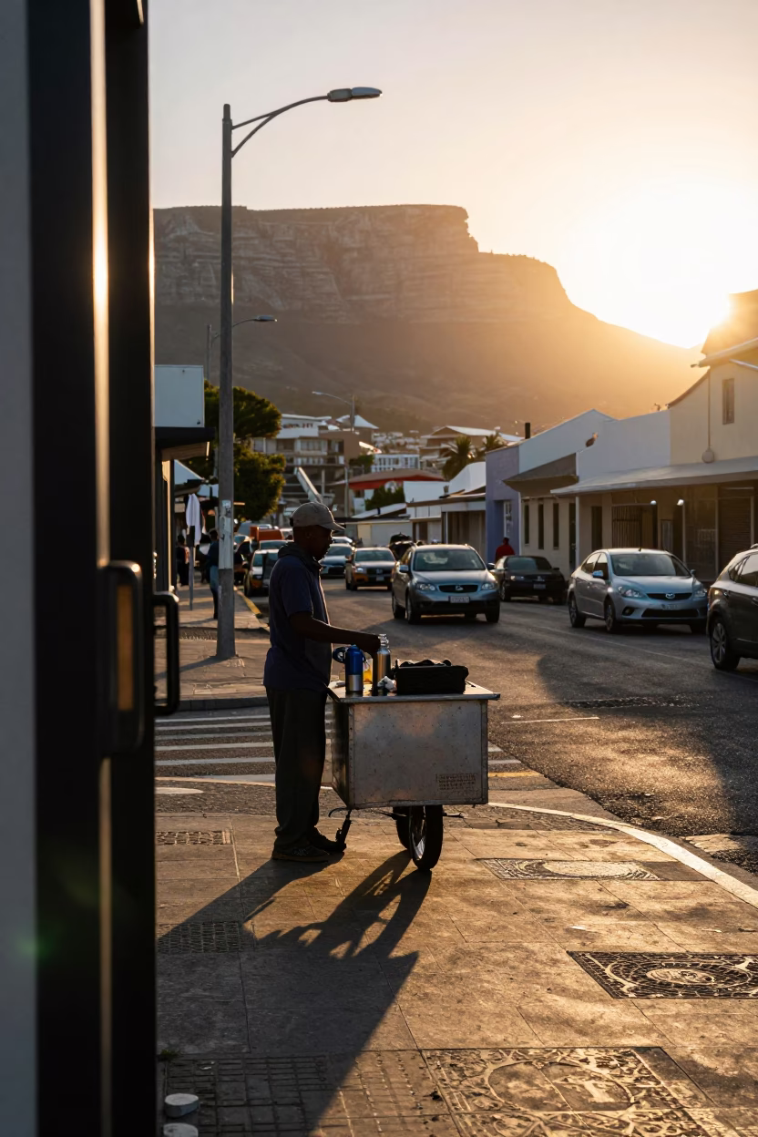 Cape Town Sunset Street Scene with Thermos and Gate Handle in in Cape Town, South Africa