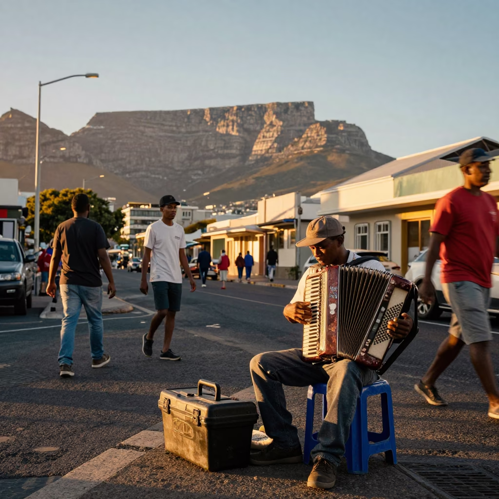 Cape Town Sunset Street Scene with Toolbox and Accordion Player Near Table Mountain in in Cape Town, South Africa