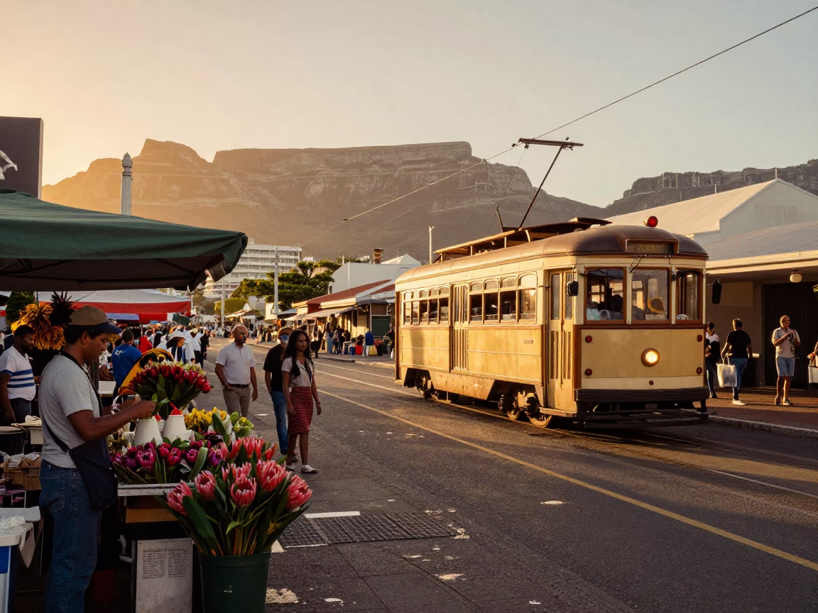 Cape Town Sunset Street Scene with Tram and Market Activity in in Cape Town, South Africa