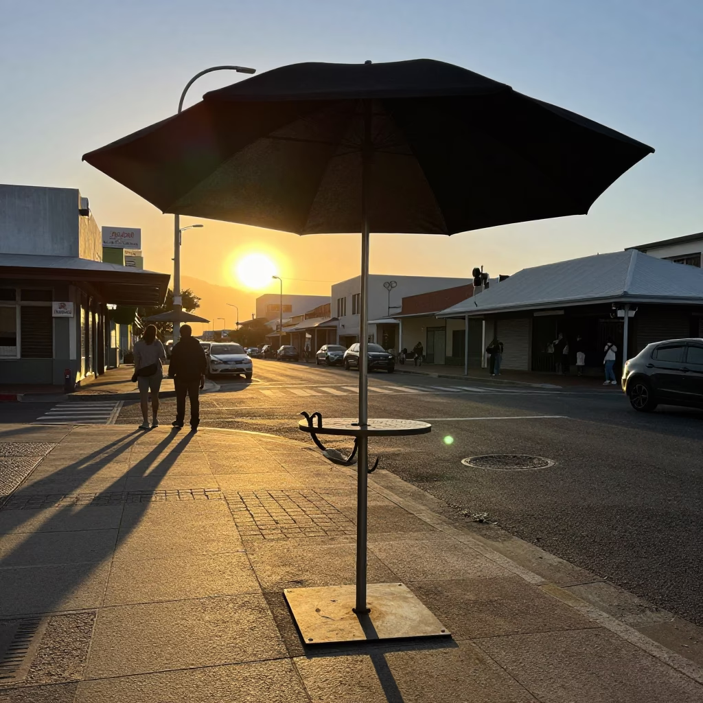 Cape Town Sunset Street Scene with Umbrella Stand and Pedestrians at Dusk in in Cape Town, South Africa