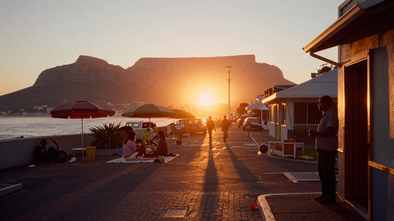Cape Town Sunset Street Scene with Umbrellas and Picnic Blanket in in Cape Town, South Africa