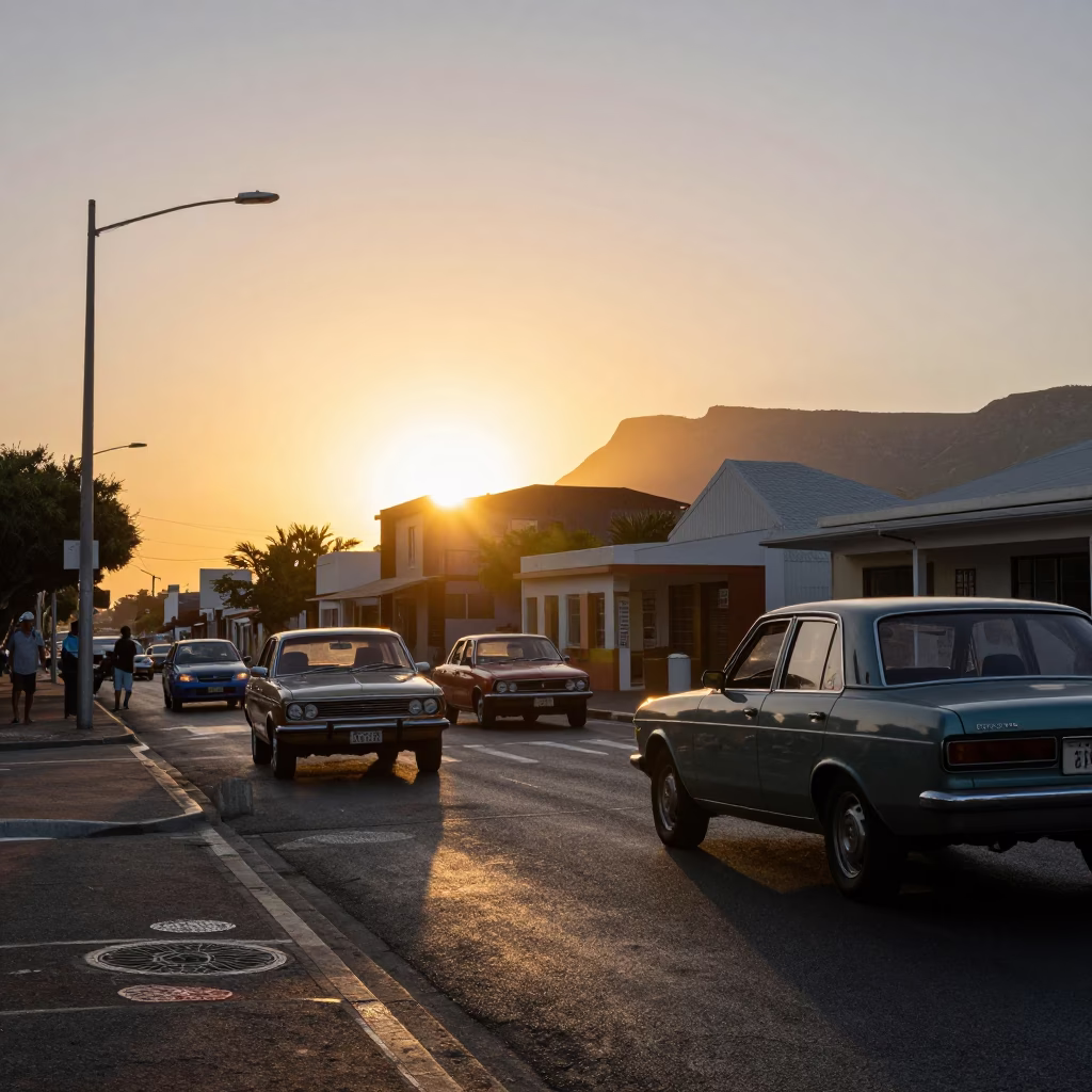 Cape Town Sunset Street Scene with Vintage 1980s Cars and Local Pedestrians in in Cape Town, South Africa