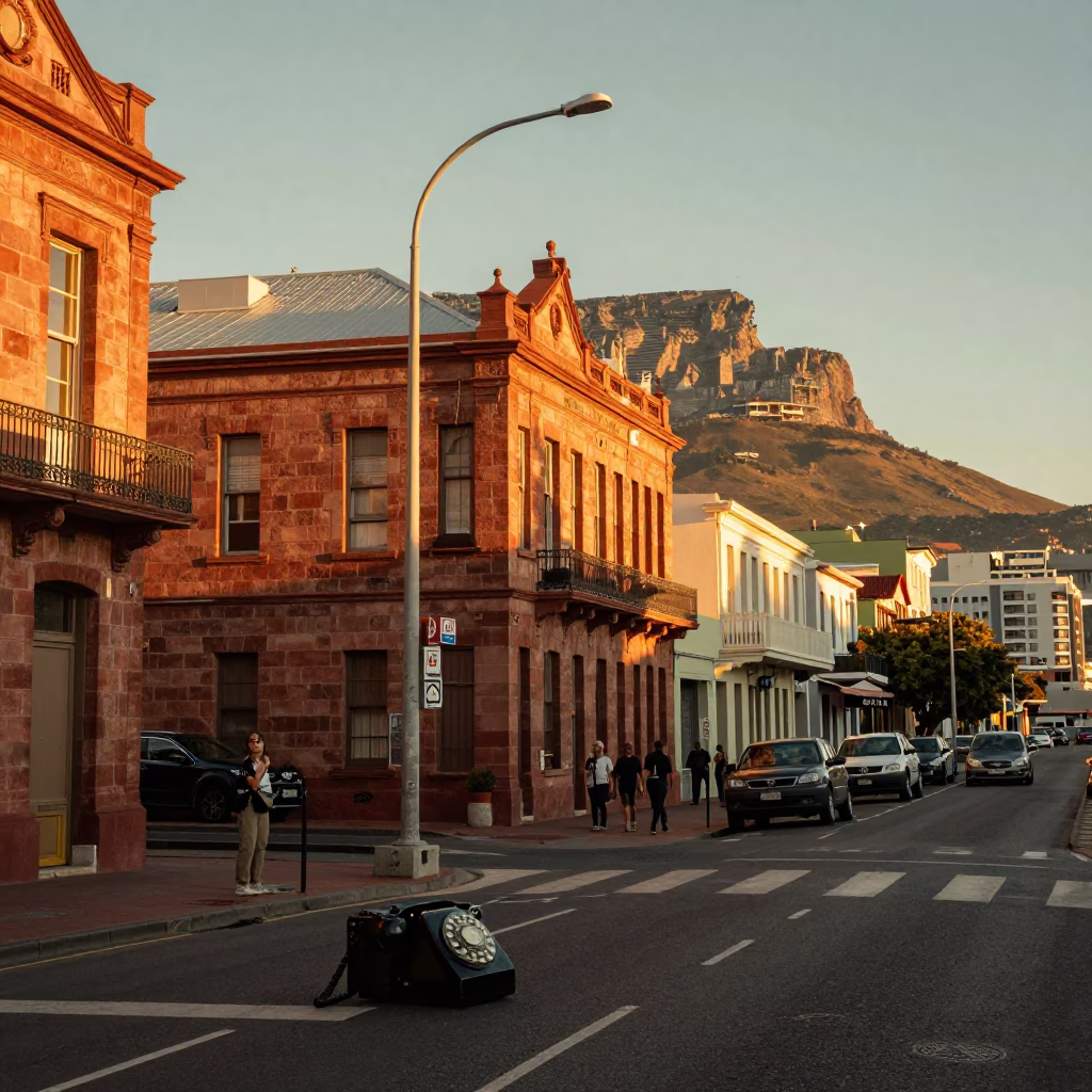 Cape Town Sunset Street Scene with Vintage Bakelite Telephone and Local Market Vendor in in Cape Town, South Africa