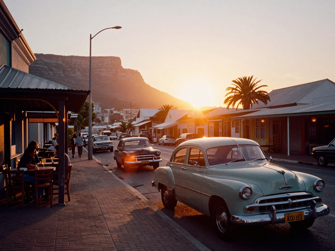 Cape Town Sunset Street Scene with Vintage Car and Local Pedestrians in in Cape Town, South Africa