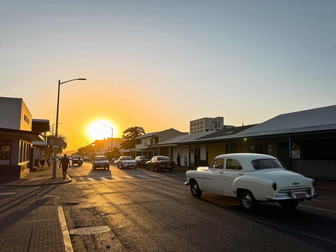 Cape Town Sunset Street Scene with Vintage Car and Local Vendor in in Cape Town, South Africa