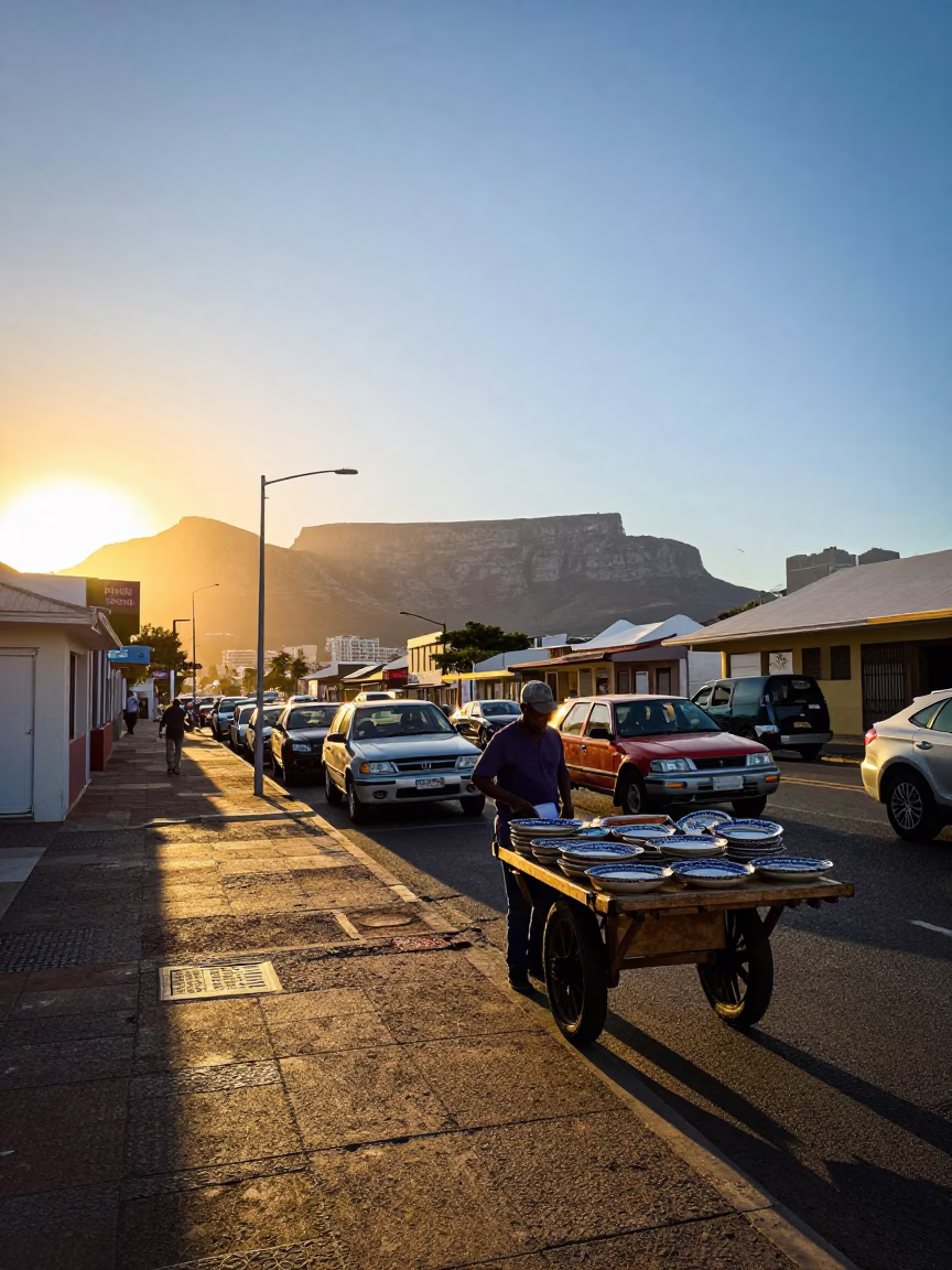 Cape Town Sunset Street Scene with Vintage Majolica Plate and Boerewors Braai in in Cape Town, South Africa