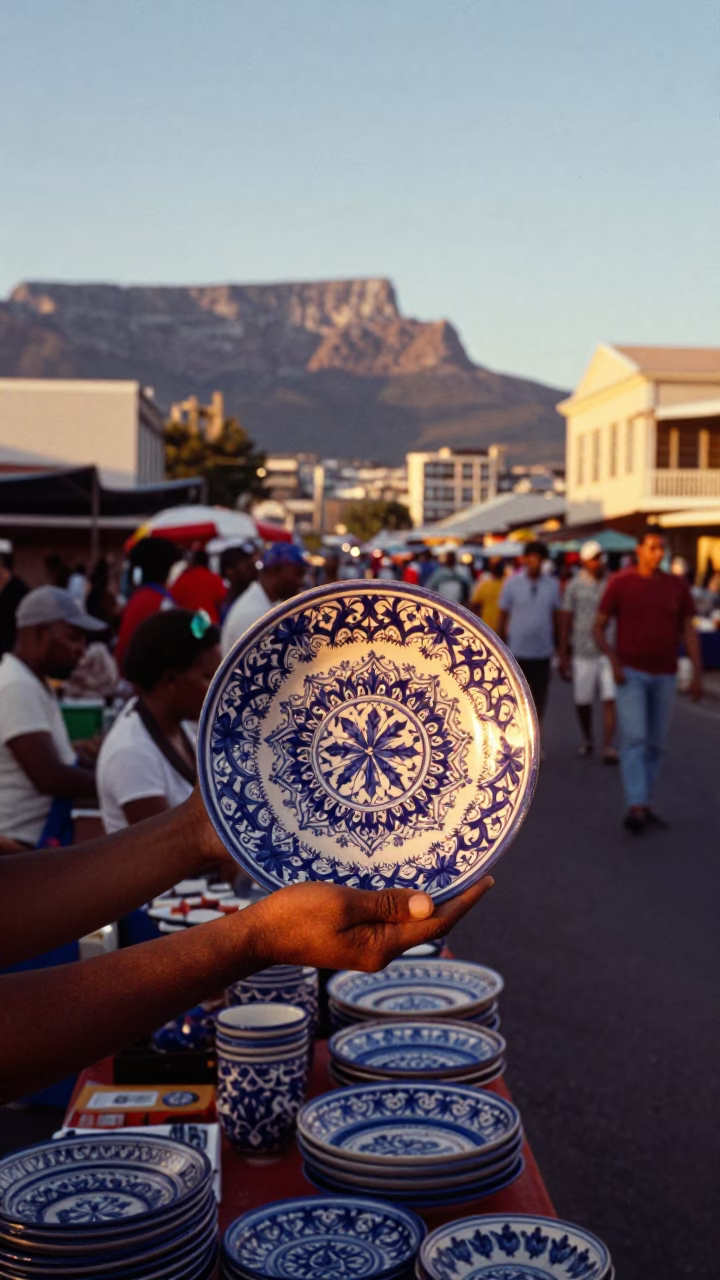 Cape Town Sunset Street Scene with Vintage Majolica Plate and Local Market Activity in in Cape Town, South Africa