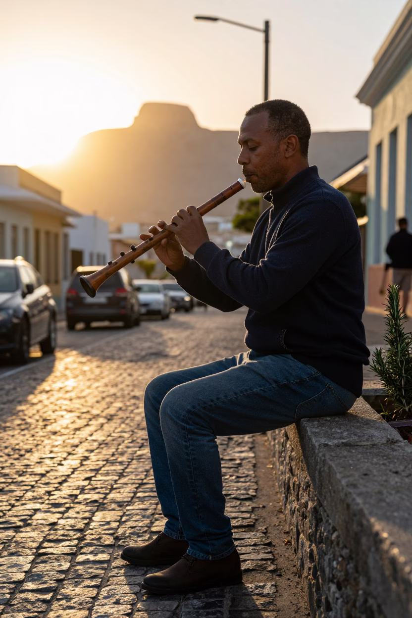 Cape Town Sunset Street Scene with Wooden Flute and Rosemary Sprigs in in Cape Town, South Africa