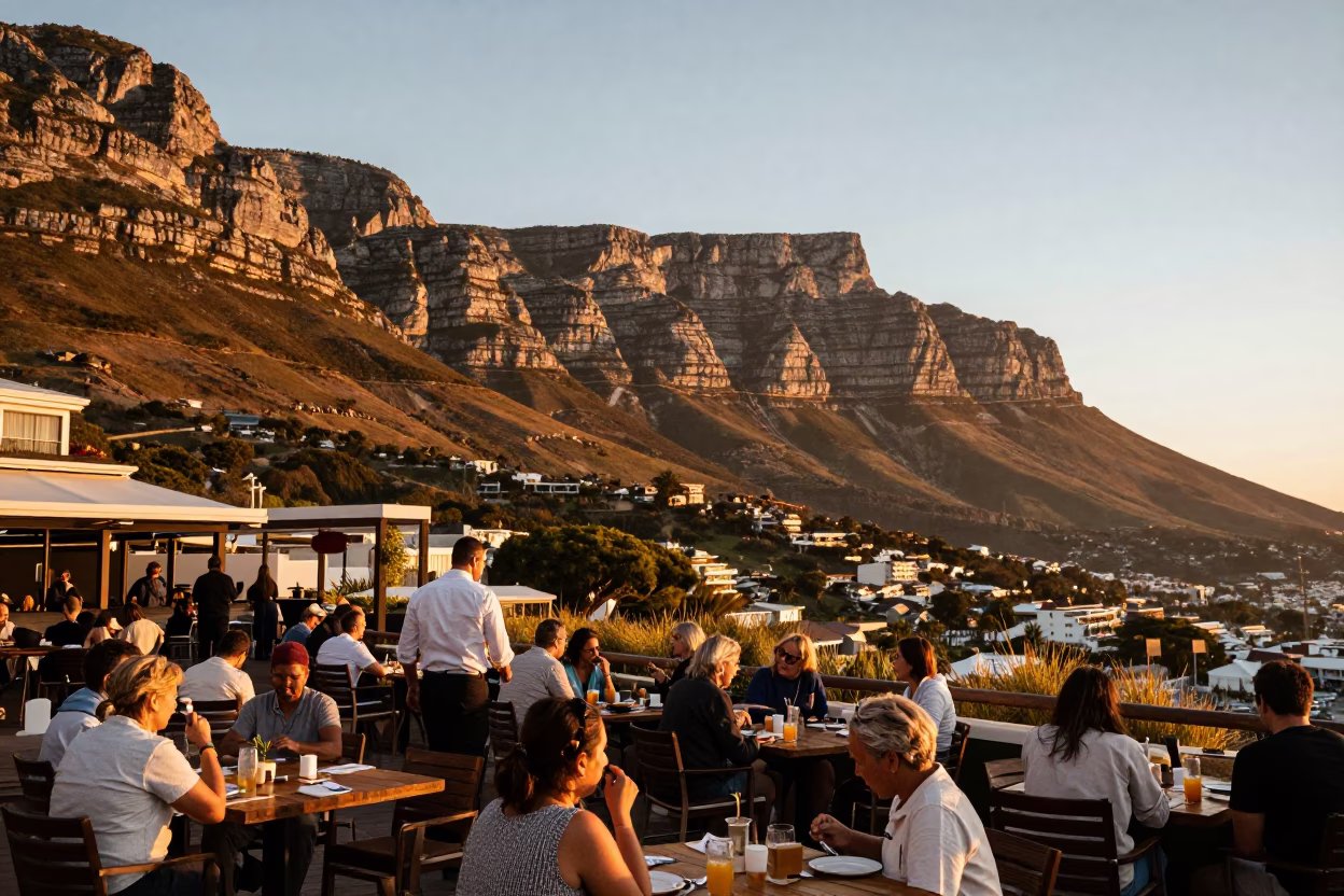 Cape Town Sunset Table Mountain View with Local Terrace Dining and Terracotta Pot in in Cape Town, South Africa