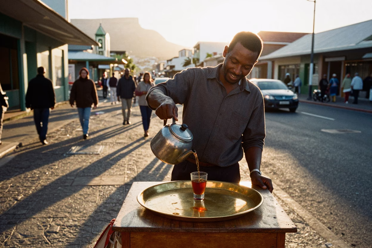 Cape Town Sunset Tea Seller at Table with Brass Plate and Basket Tray in in Cape Town, South Africa