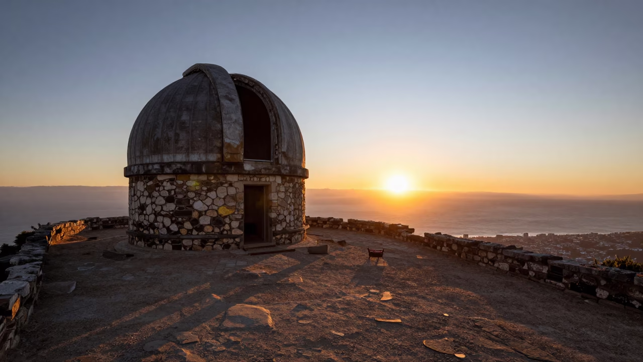 Cape Town Sunset View from Crumbling Observatory Hilltop with Ajar Telescope Dome in in Cape Town, South Africa