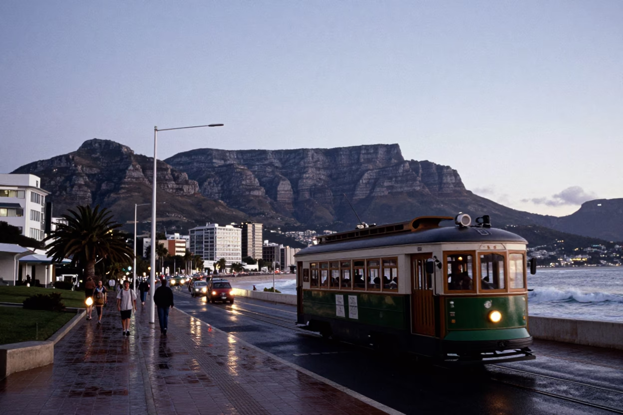 Cape Town Table Mountain And Bustling Coastal Promenade in in Cape Town, South Africa