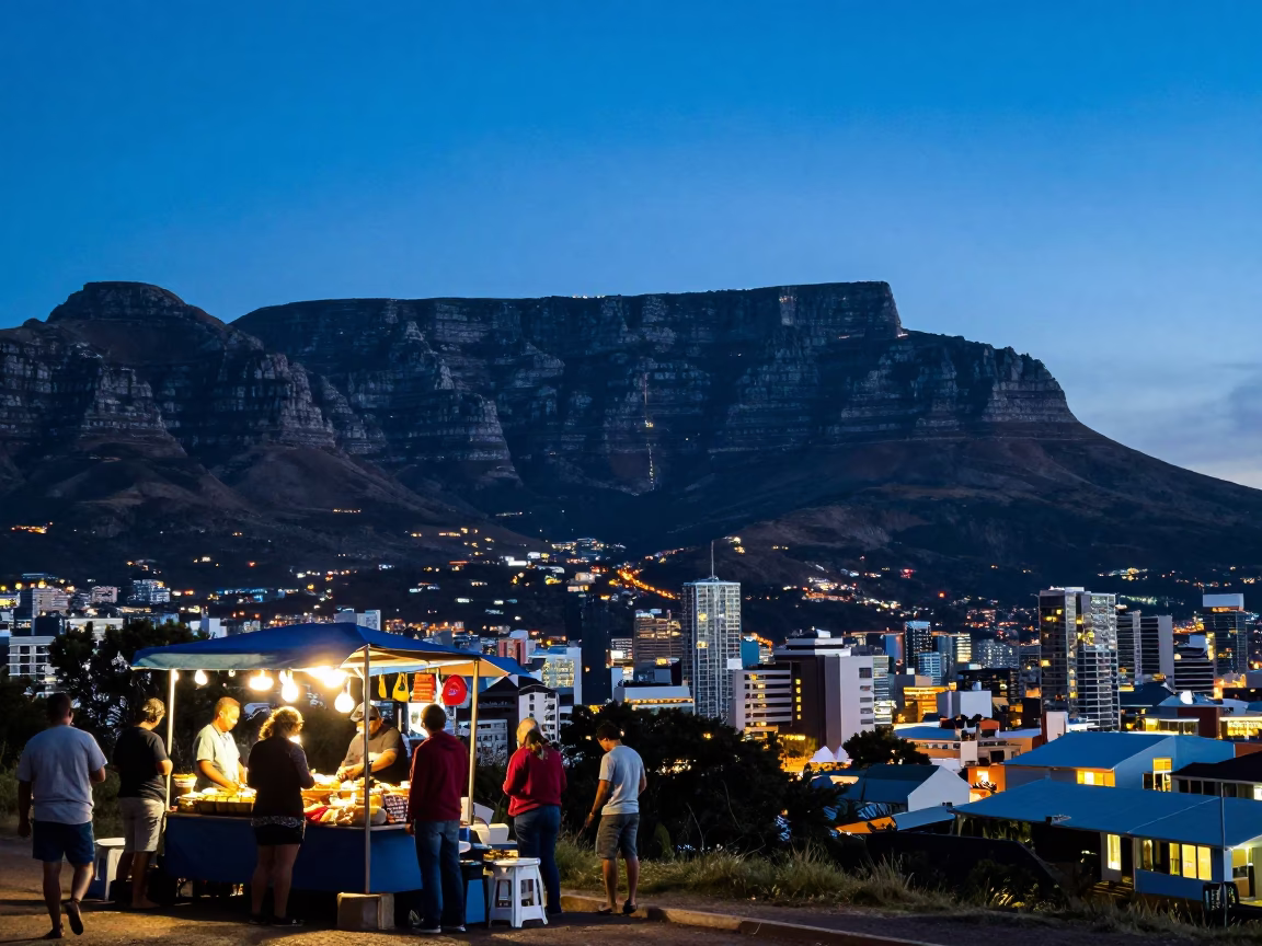 Cape Town Table Mountain backdrop at twilight with street vendors and bustling city lights in in Cape Town, South Africa