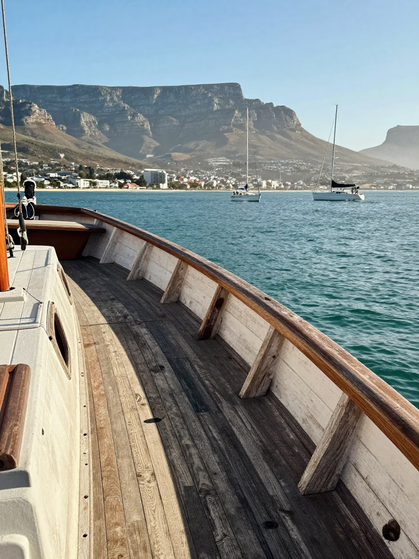 Cape Town Table Mountain backdrop with sailboat in False Bay afternoon light in in Cape Town, South Africa