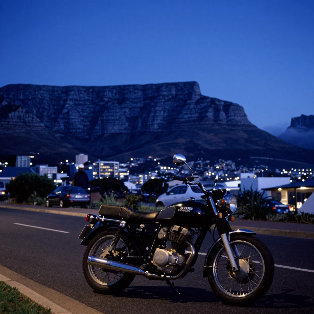 Cape Town Table Mountain evening street scene with vintage motorcycle and coastal traffic in in Cape Town, South Africa