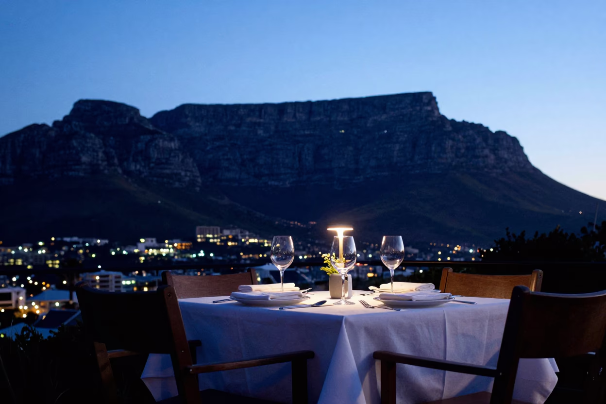 Cape Town Table Mountain View Blue Hour Outdoor Dining Scene in in Cape Town, South Africa