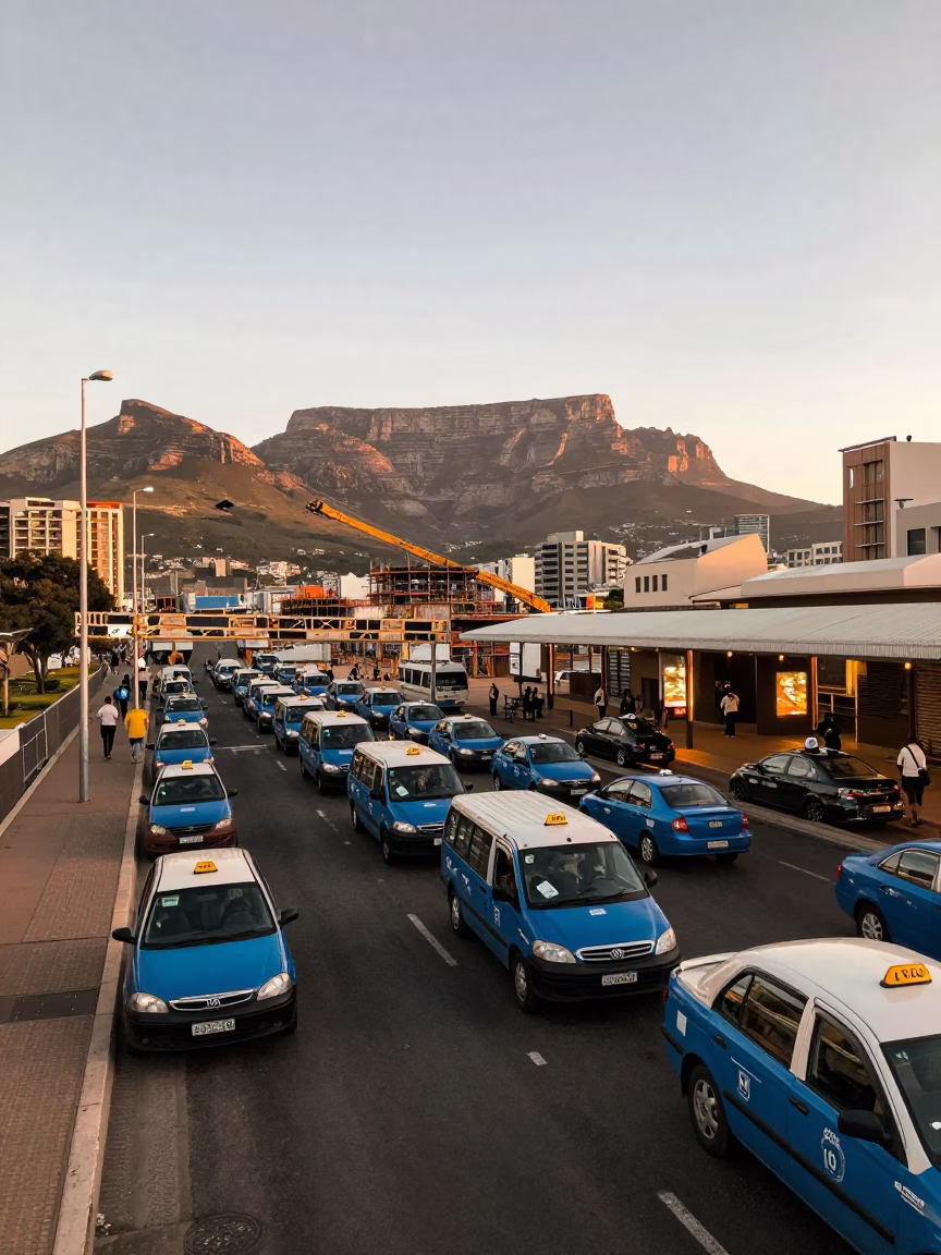 Cape Town Taxi Rank Twilight Scene with Construction Site and Urban Life in in Cape Town, South Africa