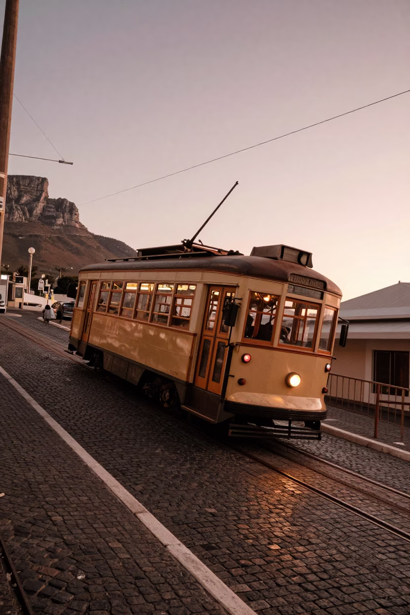 Cape Town Tram Climbing Steep Hill in Copper Toned Light Before Dusk in in Cape Town, South Africa